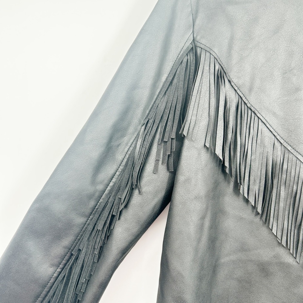 Topshop Womens Black Faux Leather Fringe Western Boho Moto Jacket Size 8 - Picture 9 of 10
